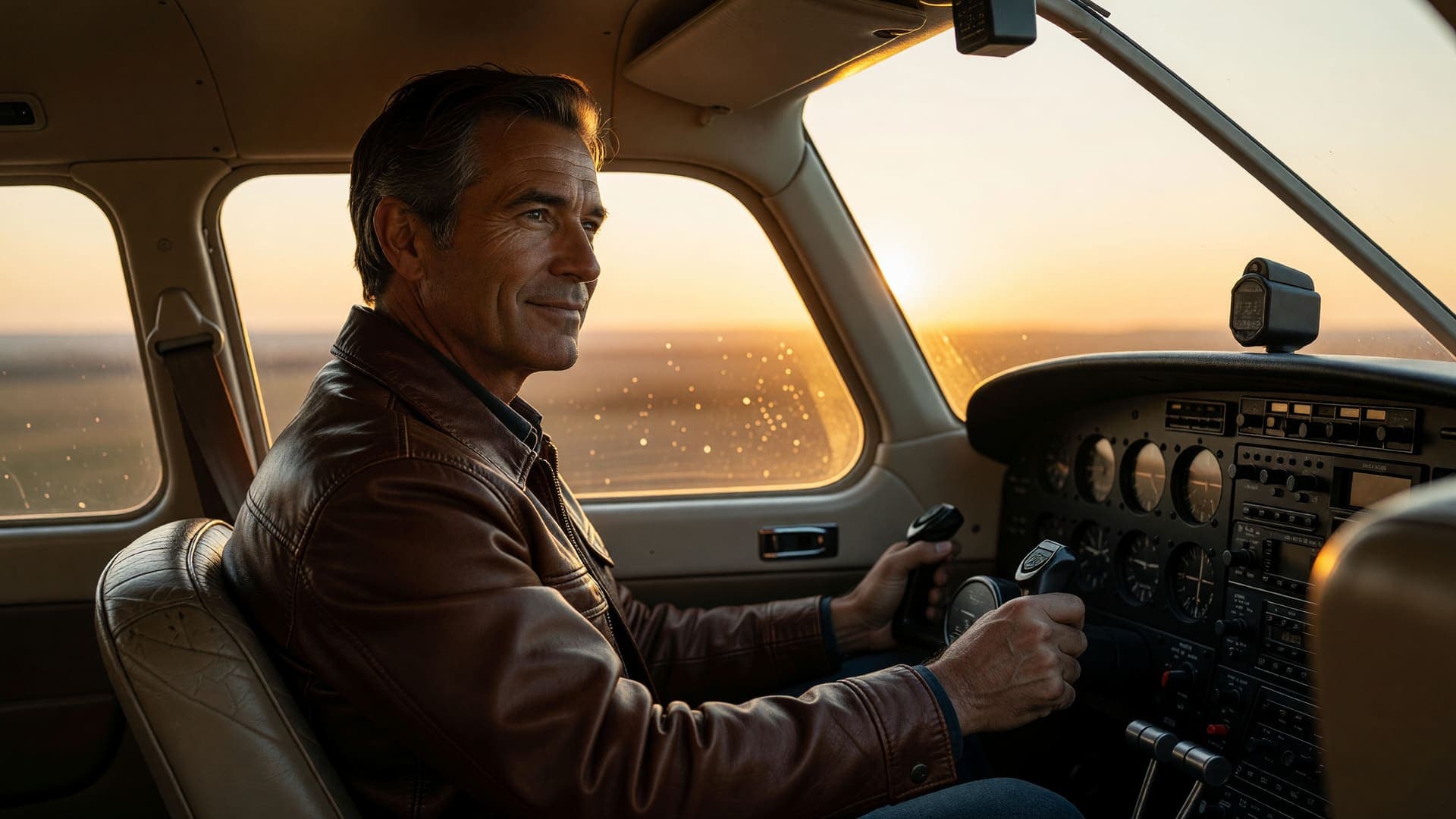 Pilot in a general aviation cockpit at golden hour