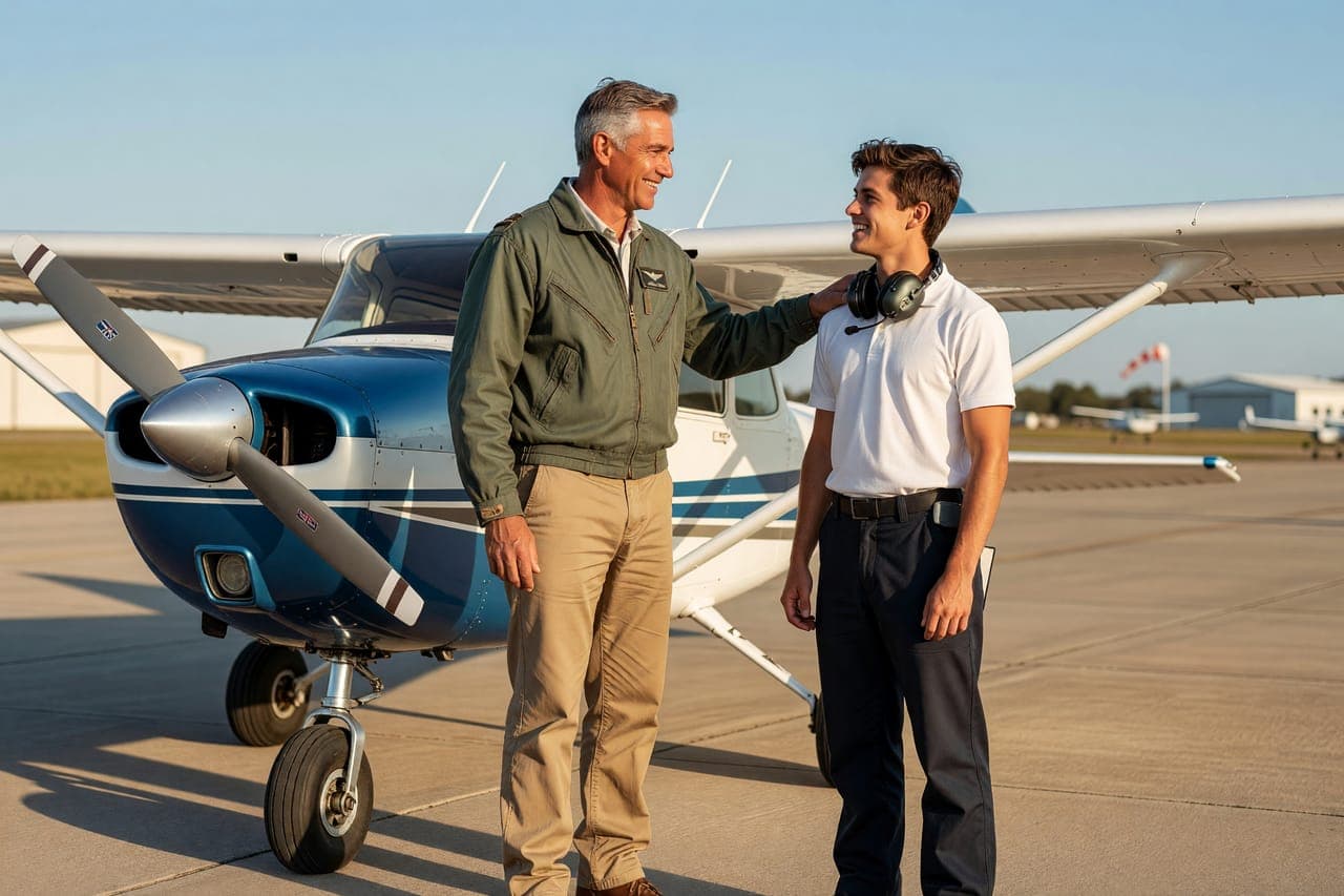 Student pilot and instructor reviewing a flight lesson